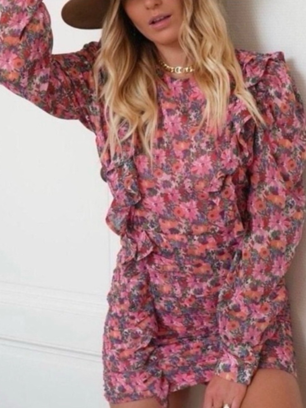 Zara Pink Floral Ruffle Long-Sleeve Mini Dress